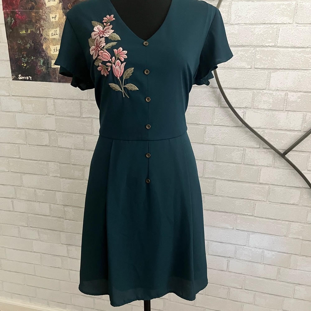 Xhilaration Teal Dress with Pink Floral Embroidery